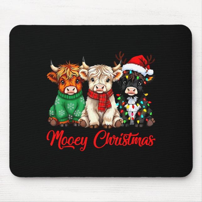 Mooey Christmas Lights Santa Hat Xmas Highland Cow Mousepad (Vorne)