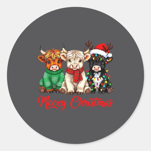 Mooey Christmas Lights Santa Hat Xmas Highland Cow Runder Aufkleber (Vorderseite)