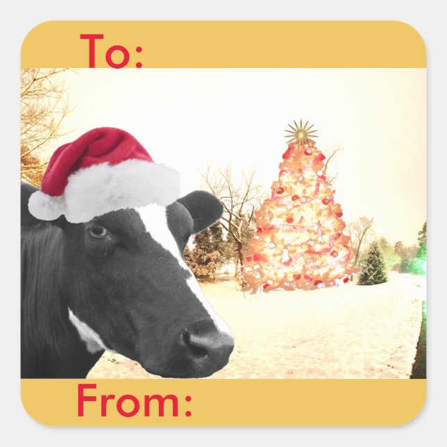 Mooey Christmas Winter Cow Weihnachtsmannmütze Ges Quadratischer Aufkleber (Vorderseite)
