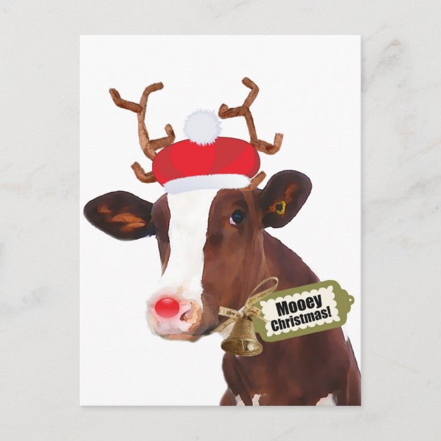 Mooey Merry Christmas Reindeer Cow Feiertagspostkarte (Vorderseite)
