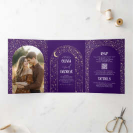 Moon and Stars Arch Celestial Lila Hochzeitsfeier Dreifach Gefaltete Einladung