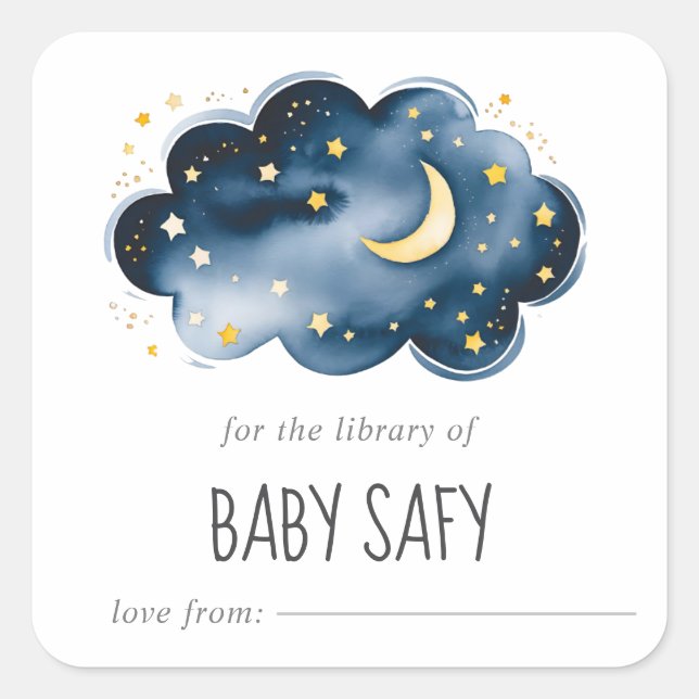Moon and Stars Baby Dusche Buchzeichen Quadratischer Aufkleber (Vorderseite)