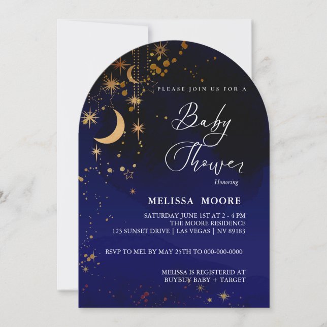 Moon and Stars Baby Dusche Royal Blue Einladung (Vorderseite)