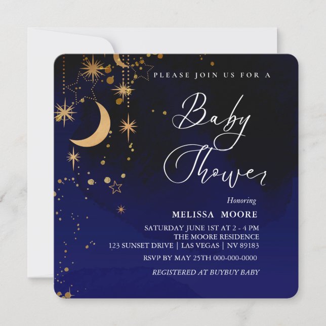Moon and Stars Baby Dusche Royal Blue Square Einladung (Vorderseite)