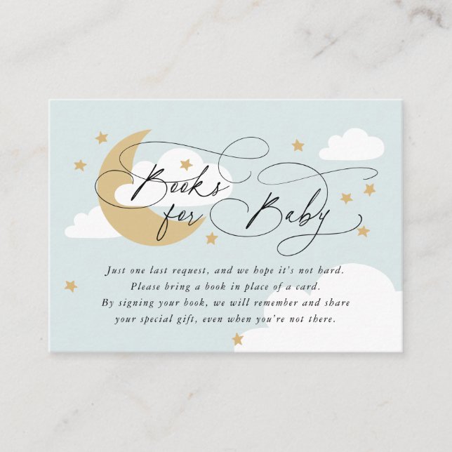Moon and Stars Blue Gold Book Request Baby Dusche Begleitkarte (Vorderseite)