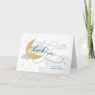 Moon and Stars Blue Script Baby Dusche Dankeskarte