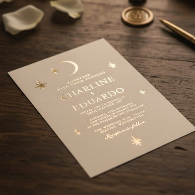 Moon and Stars Celestial Starsign Golden Wedding Folieneinladung (Von Creator hochgeladen)