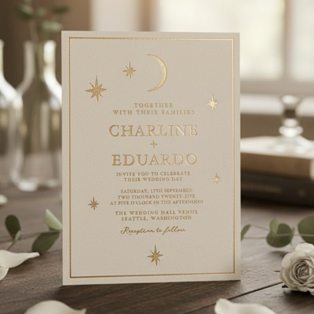 Moon and Stars Celestial Starsign Golden Wedding Folieneinladung (Von Creator hochgeladen)