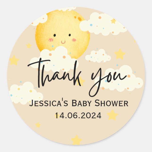 Moon and Stars Cream Baby Dusche Danke Runder Aufkleber (Vorderseite)