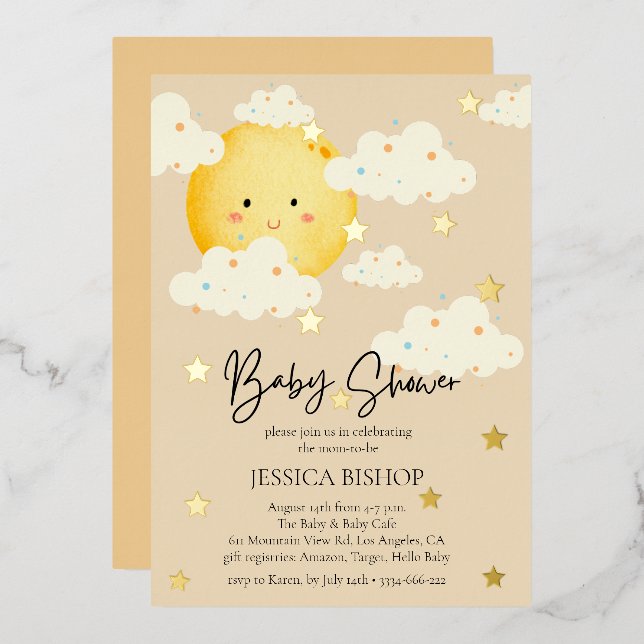 Moon and Stars Cream Baby Dusche Folieneinladung (Vorderseite/Rückseite)