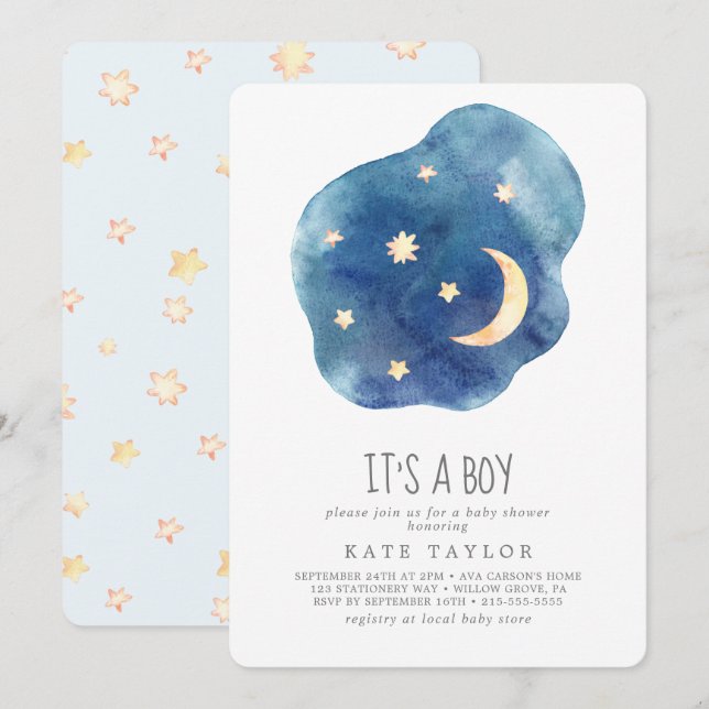 Moon and Stars Es ist eine Baby-Dusche Einladung (Vorne/Hinten)