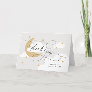Moon and Stars Gray Gold Script Baby Dusche Dankeskarte