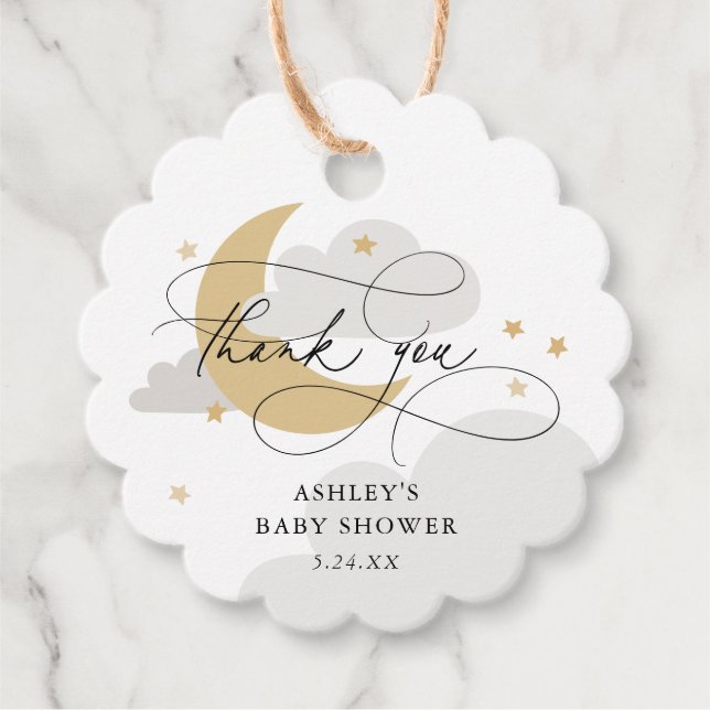 Moon and Stars Gray Script Baby Dusche Vielen Dank Geschenkanhänger (Vorderseite)