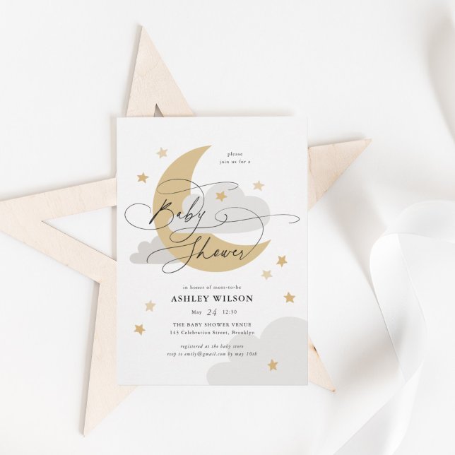 Moon and Stars Matte Neutrals Script Baby Dusche Einladung (Von Creator hochgeladen)