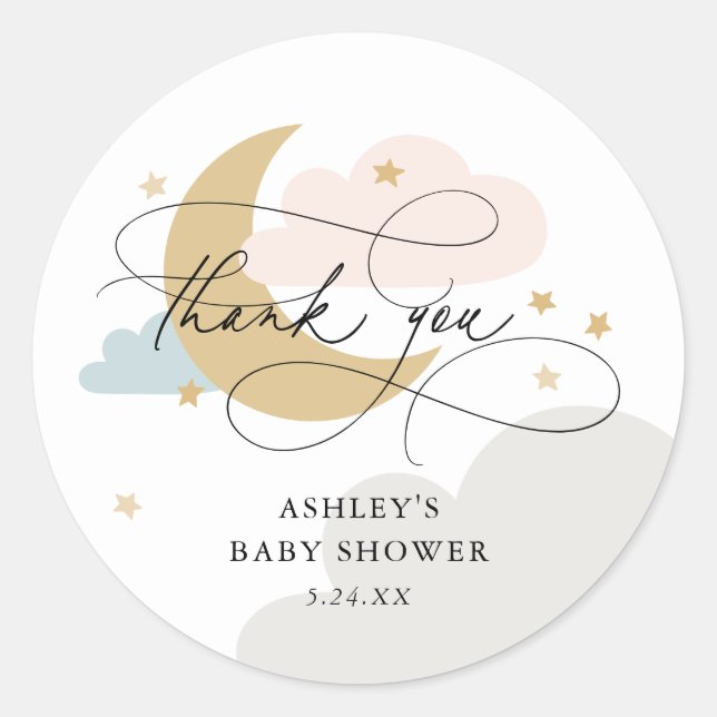 Moon and Stars Multi Script Baby Dusche Vielen Dan Runder Aufkleber (Vorderseite)