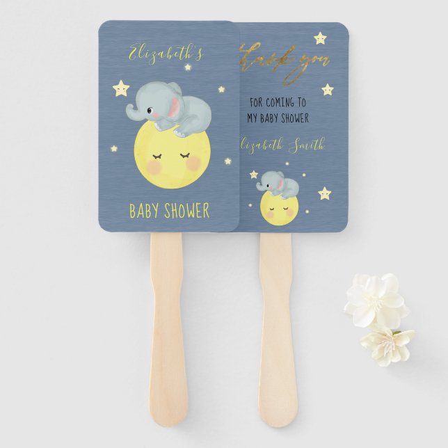 Moon and Stars Niedlich Elephant Baby Boy Dusche Fächer (Vorne und Hinten)
