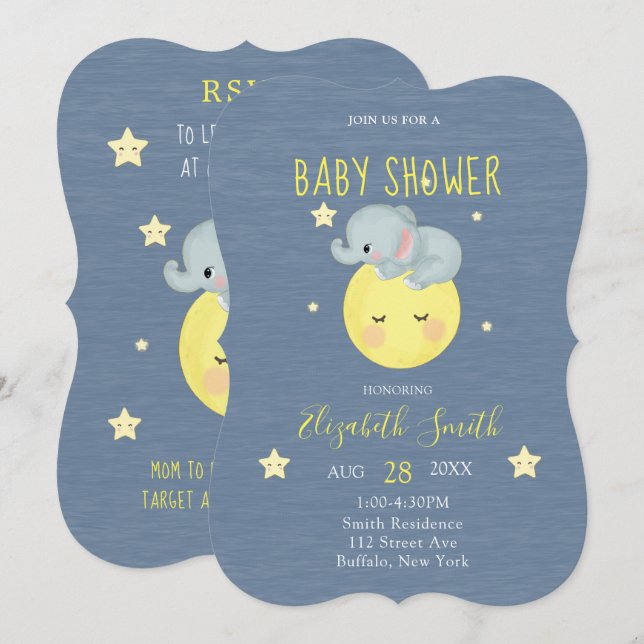 Moon and Stars Niedlich Elephant Blue Baby Boy Dus Einladung (Vorne/Hinten)