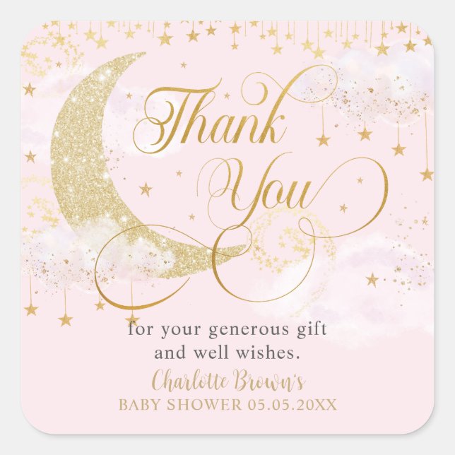 Moon and Stars Pastel Pink Babydusche Danke Quadratischer Aufkleber (Vorderseite)
