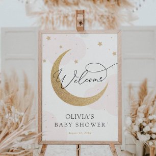 Moon and Stars Pink Baby Dusche Begrüßungszeichen Poster