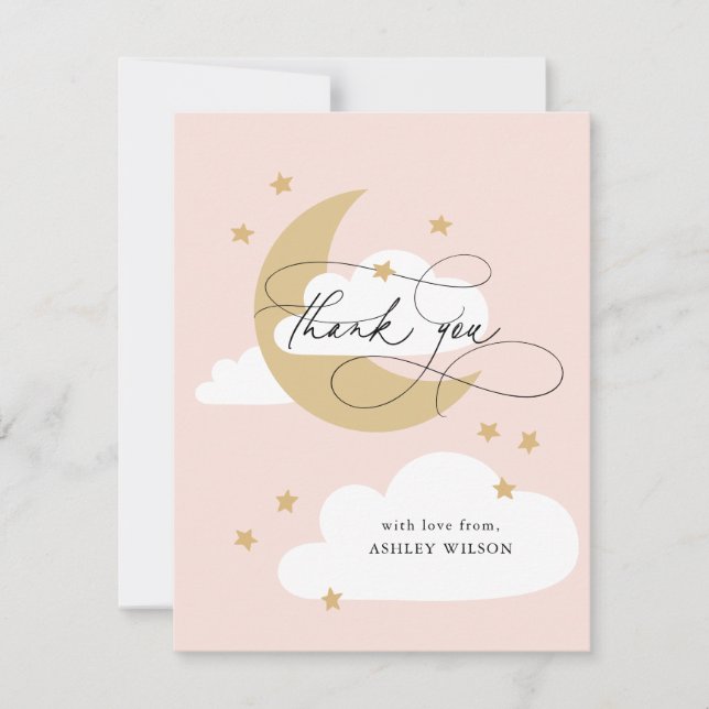Moon and Stars Pink Gold Script Baby Dusche Dankeskarte (Vorderseite)