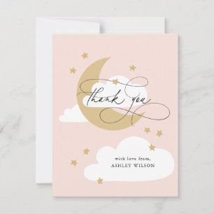 Moon and Stars Pink Gold Script Baby Dusche Dankeskarte