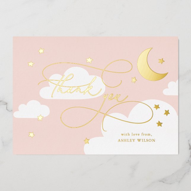 Moon and Stars Pink Script Baby Vielen Dank Folieneinladung (Vorderseite)