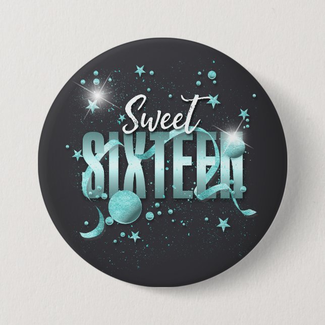 Moon and Stars Sweet 16 Aquamarin/Blk ID788 Button (Vorderseite)