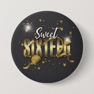 Moon and Stars Sweet 16 Gold/Blk ID788 Button