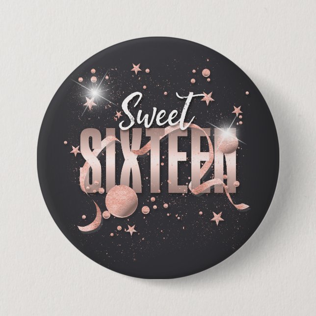 Moon and Stars Sweet 16 Rose Gold/Blk ID788 Button (Vorderseite)