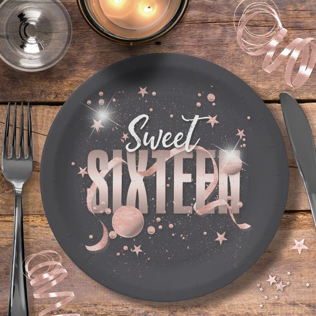Moon and Stars Sweet 16  Rose Gold/Blk ID788 Pappteller (Von Creator hochgeladen)