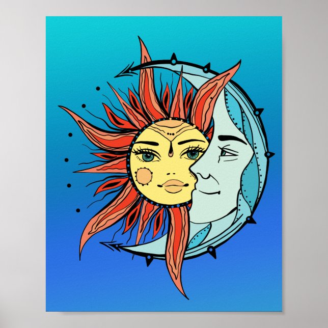 Moon and sun. Vintage style tattoo illustration Poster (Vorne)