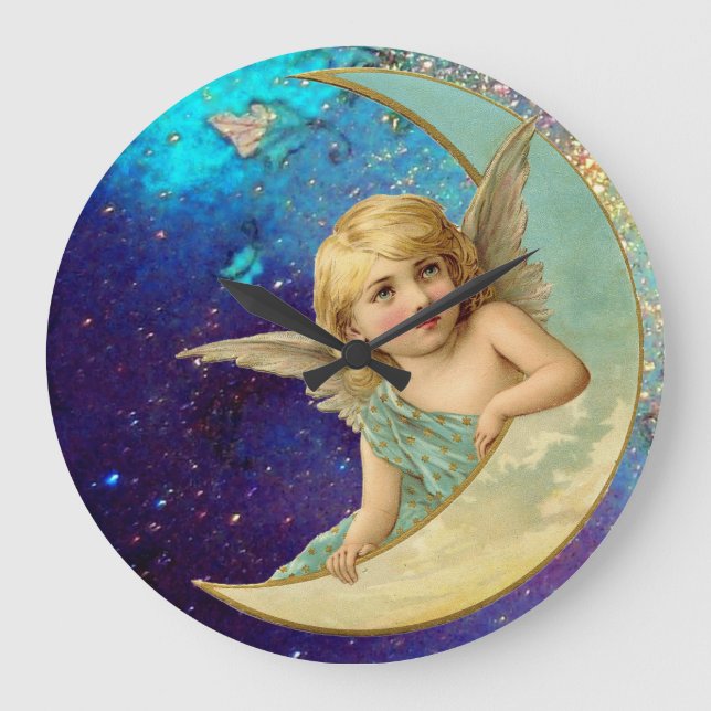 MOON ANGEL IN GOLD BLUE SPARKLES GROßE WANDUHR (Vorderseite)