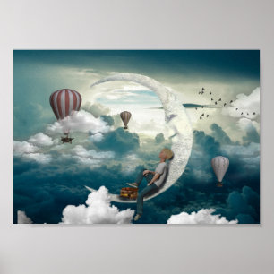 Moon Art Boy on Moon Artwork Fantasy Poster