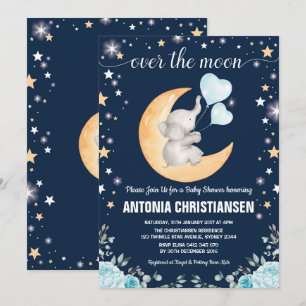 Moon Baby Shower / Twinkle Star Elephant Baby Boy Einladung