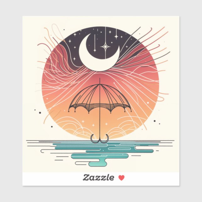 Moon Balancing Rainfall in Boho Line Art Aufkleber (Blatt)