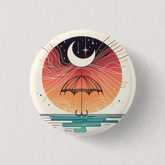 Moon Balancing Rainfall in Boho Line Art Button (Vorderseite)