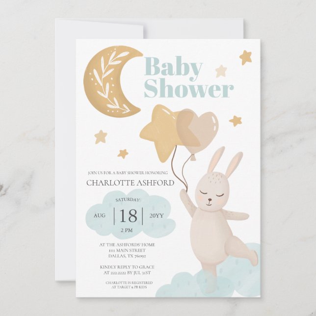 Moon Bunny Balloons Neutral Baby Dusche Einladung (Vorderseite)