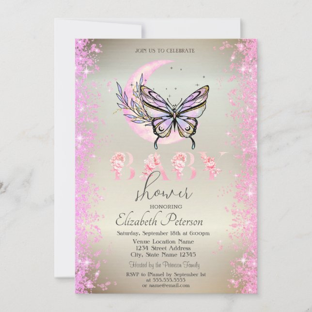 Moon Butterfly Glitzer Confetti Babydusche Einladung (Vorderseite)