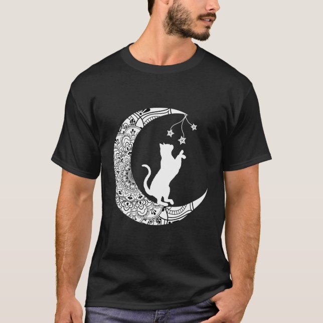 Moon Cat Playful Funny Cat Mandala Crescent Moon W T-Shirt (Vorderseite)