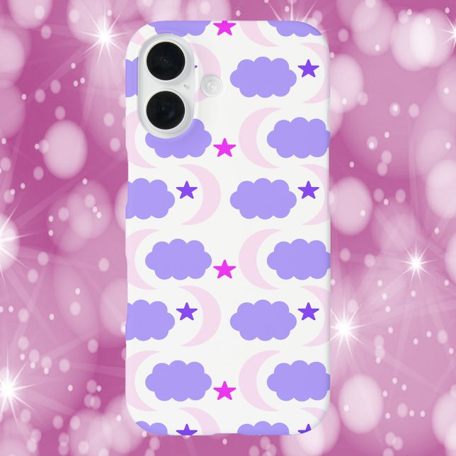 Moon Cloud Stars Dunkles Lila rosa Muster iPhone 16 Hülle (A phone case with a moon, cloud and star pattern in various shades of purple.)