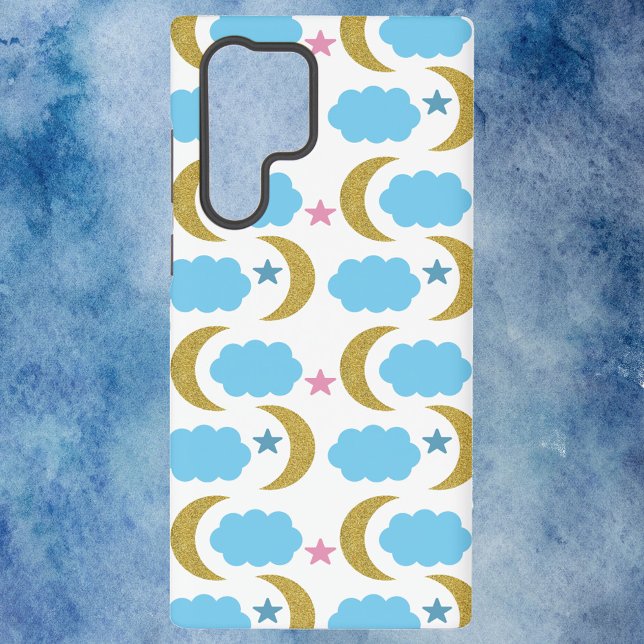 Moon Clouds and Stars Imitats Glitzer Pattern Samsung Galaxy Hülle (A fun phone case with gold moons, blue clouds and pink stars)
