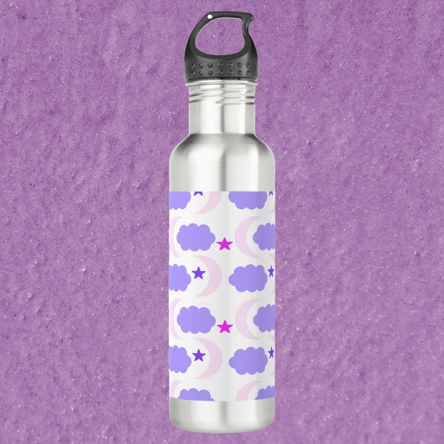 Moon Clouds and Stars Pattern Dunkelrosa Lila Edelstahlflasche (A water bottle with a pattern of moons, clouds and stars in pink and purple.)