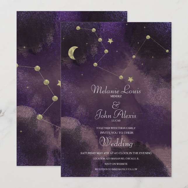 Moon Constellation Gold Foil Celestial Wedding Einladung (Vorne/Hinten)
