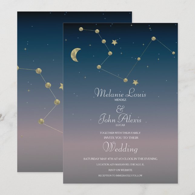 Moon Constellation Gold Foil Wedding Einladung (Vorne/Hinten)