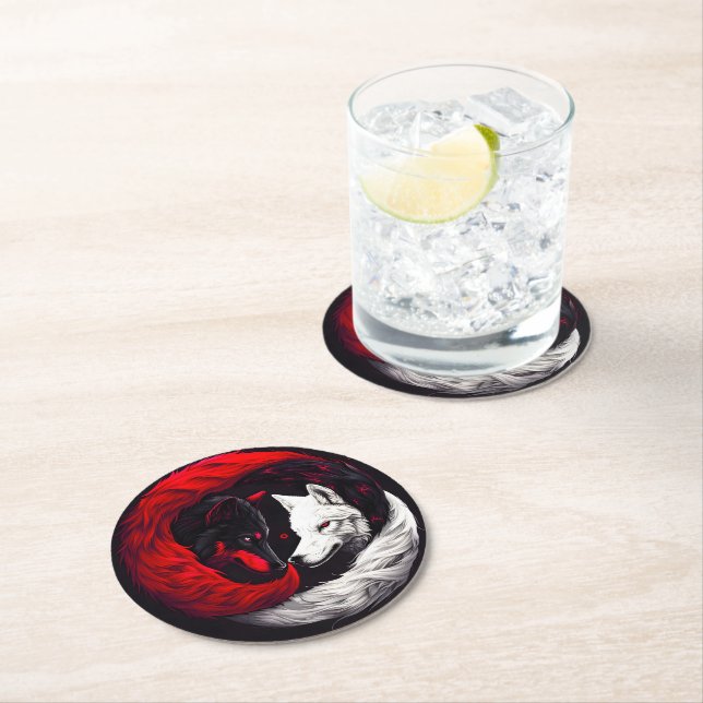 Moon Crimson Red White Wolf Runder Pappuntersetzer (Vor Ort)