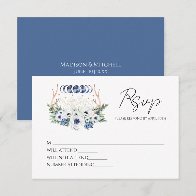 Moon Crystals Blume Boho Metaphysische Hochzeit RSVP Karte (Vorne/Hinten)