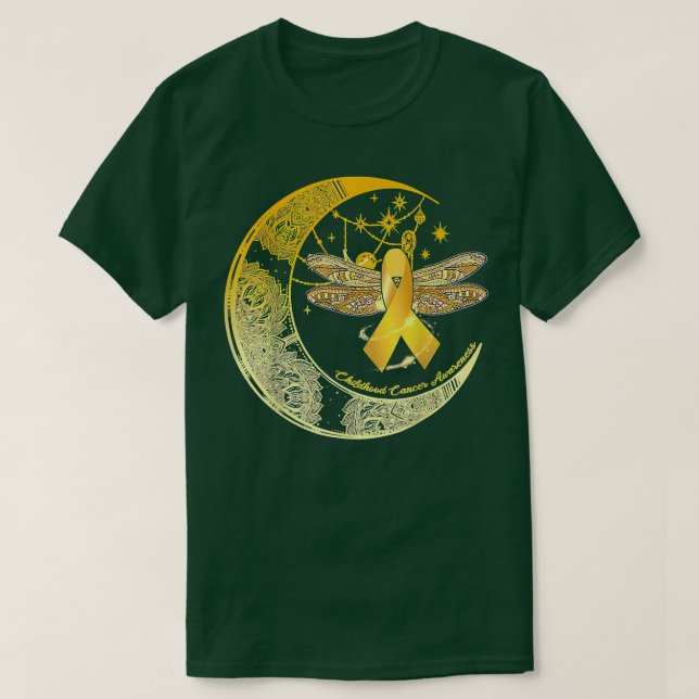 Moon Dragonfly Gold Ribbon Kinderkrebs Awaren T-Shirt (Design vorne)