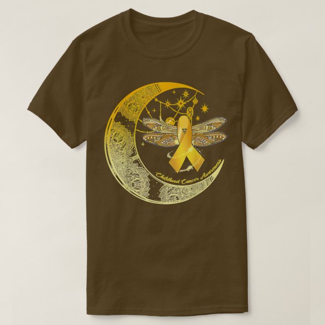 Moon Dragonfly Gold Ribbon Kinderkrebs Awaren T-Shirt (Design vorne)