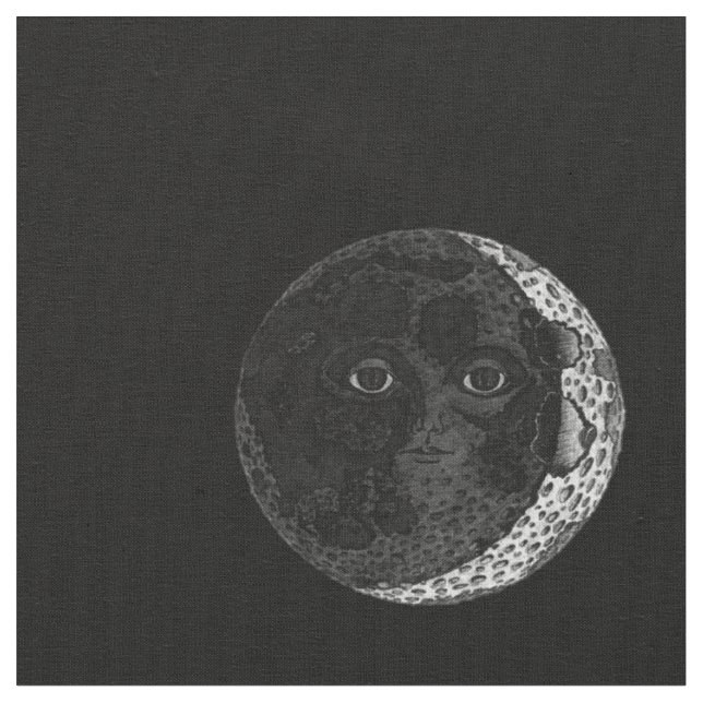 Moon Face Crescent Hand Drawn Ink Illustration Stoff (Nahaufnahme)