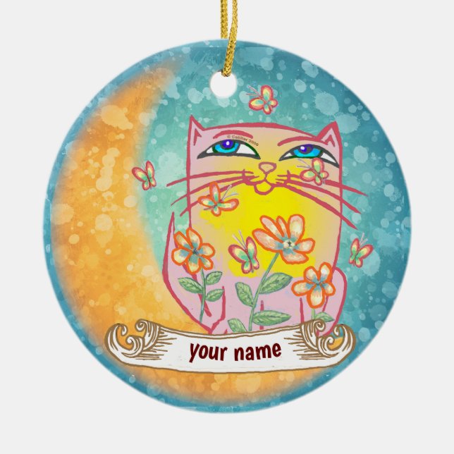 Moon Flowers Cat  Keramik Ornament (Vorne)